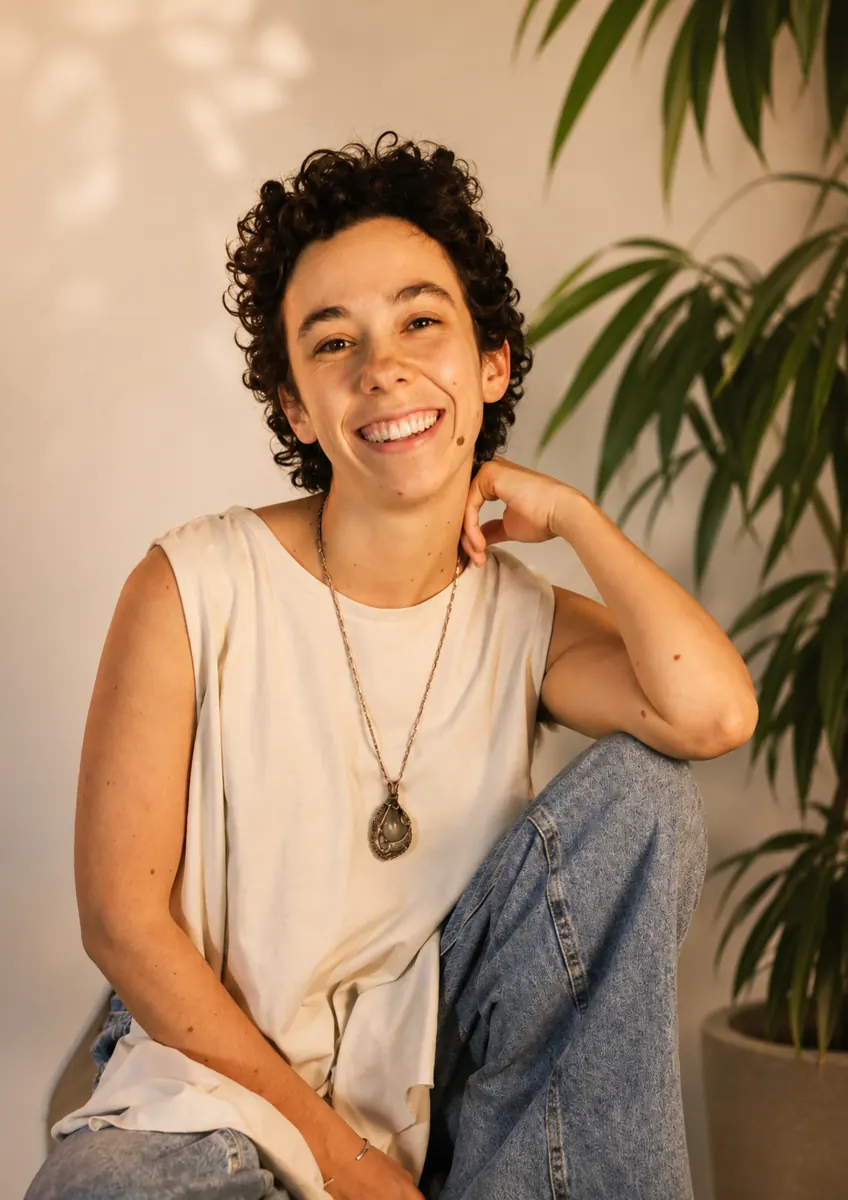 Anahí Cubas sorrindo, sentada, com um colar de pingente