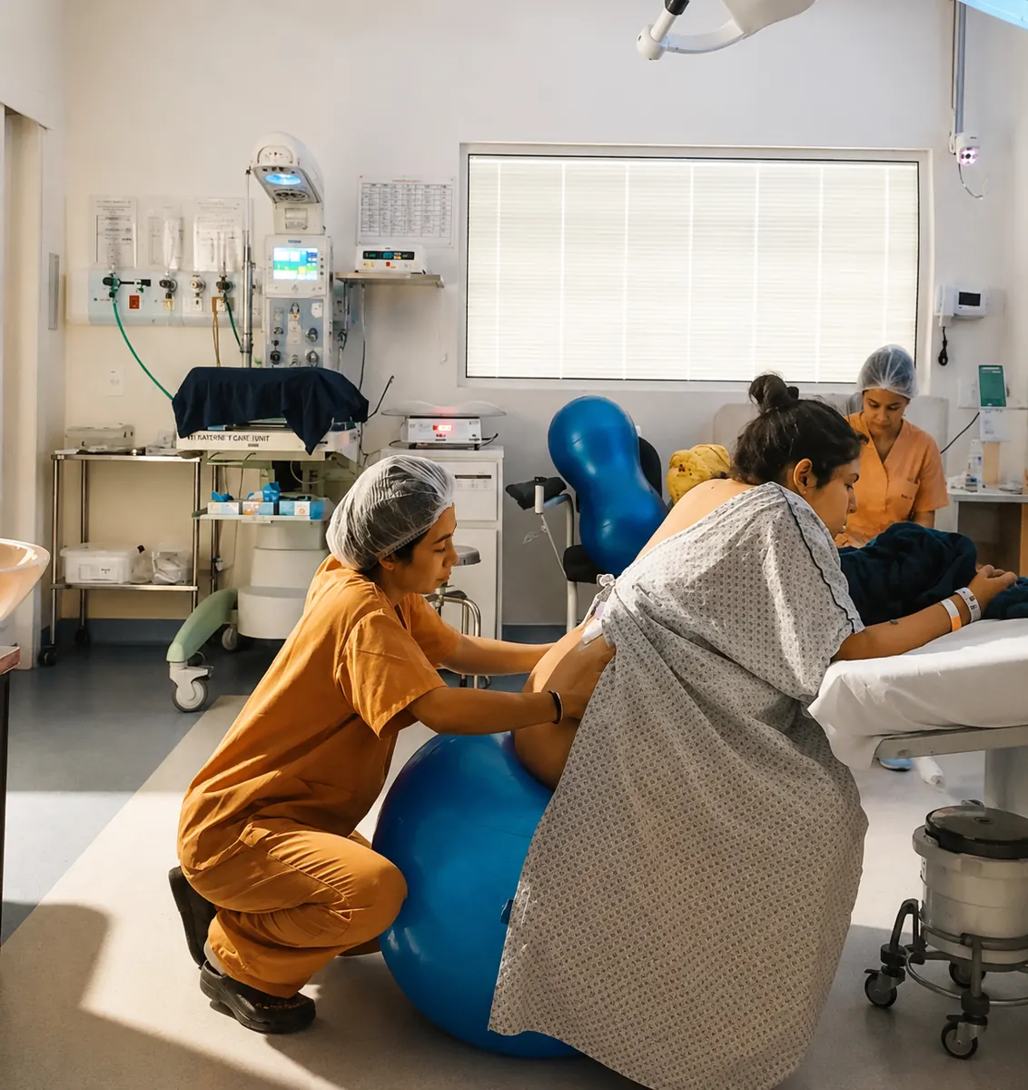 Doula apoiando uma gestante na bola de pilates durante o trabalho de parto no hospital